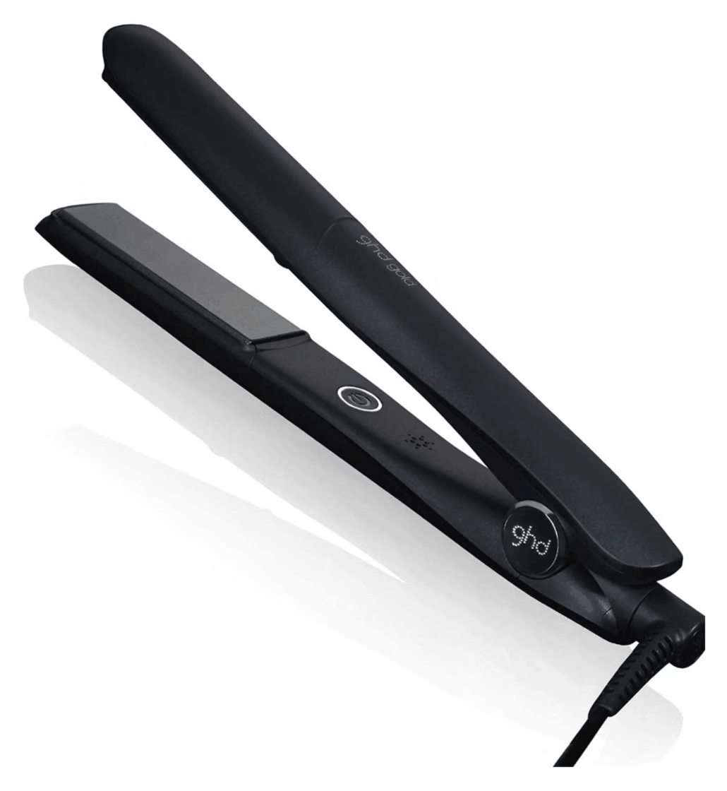 ghd Gold hair straightener with rounded barrel, black, on white background