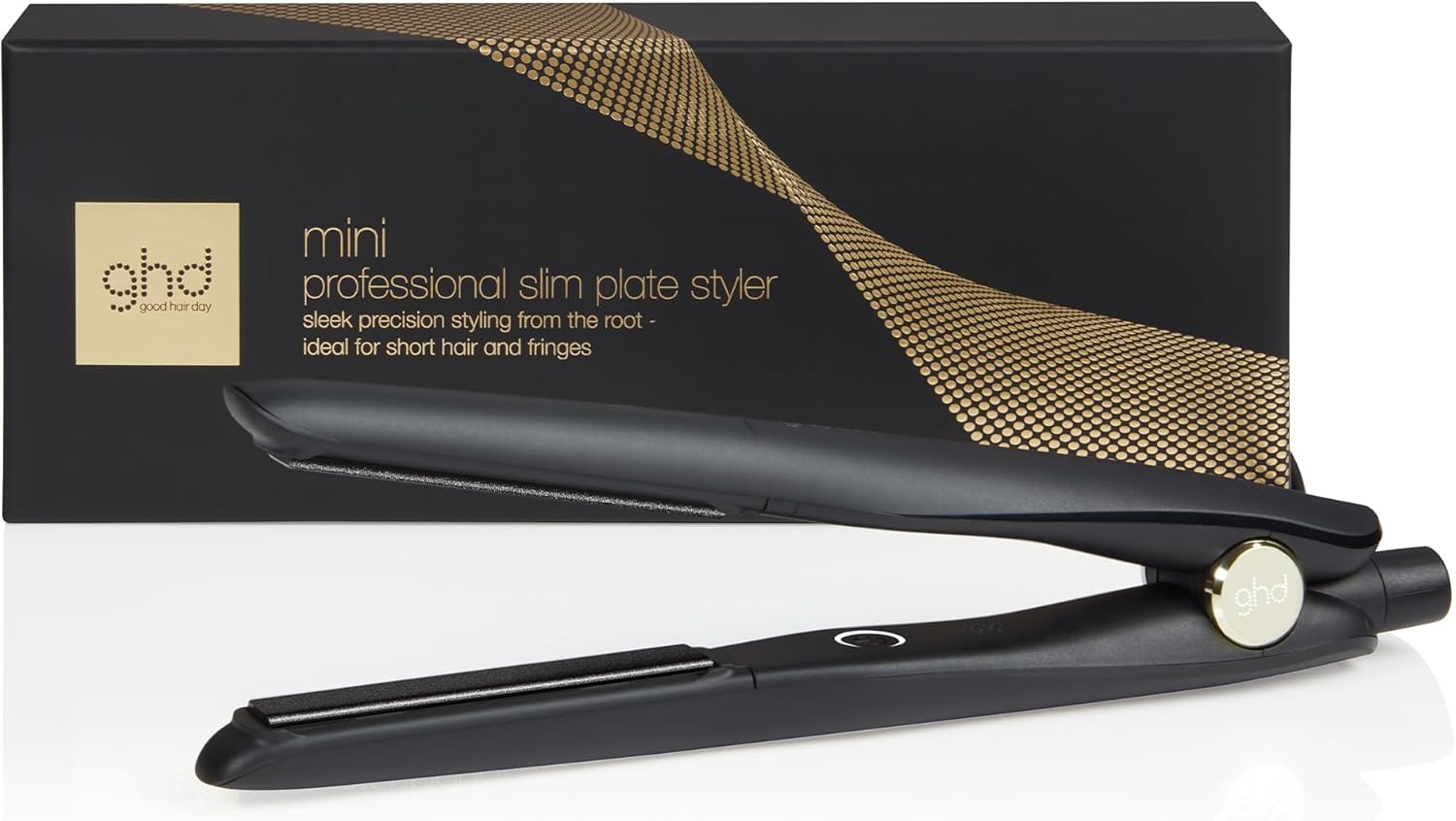 ghd Mini compact hair straightener, black, on a dark background