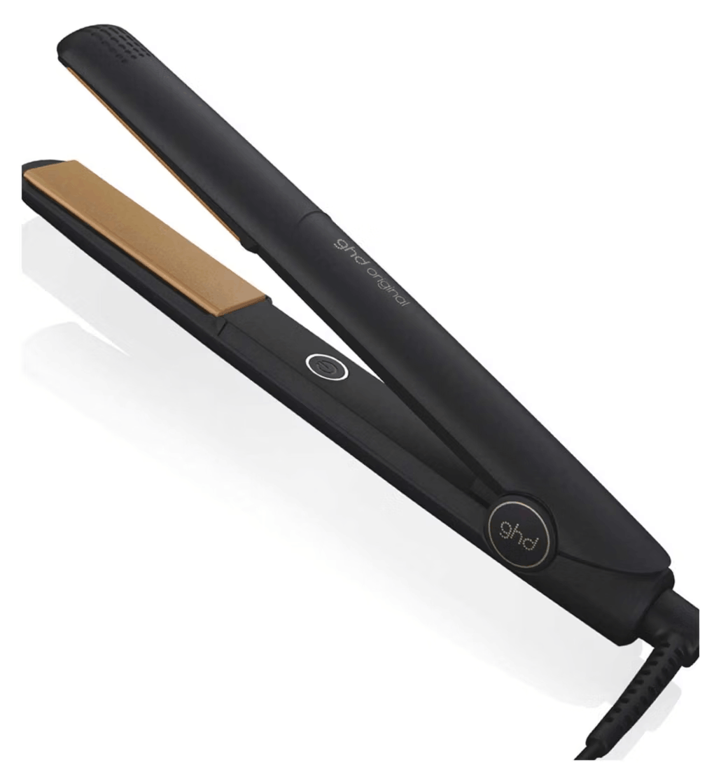 ghd Original hair straightener with iconic gold plates, black body, on white background