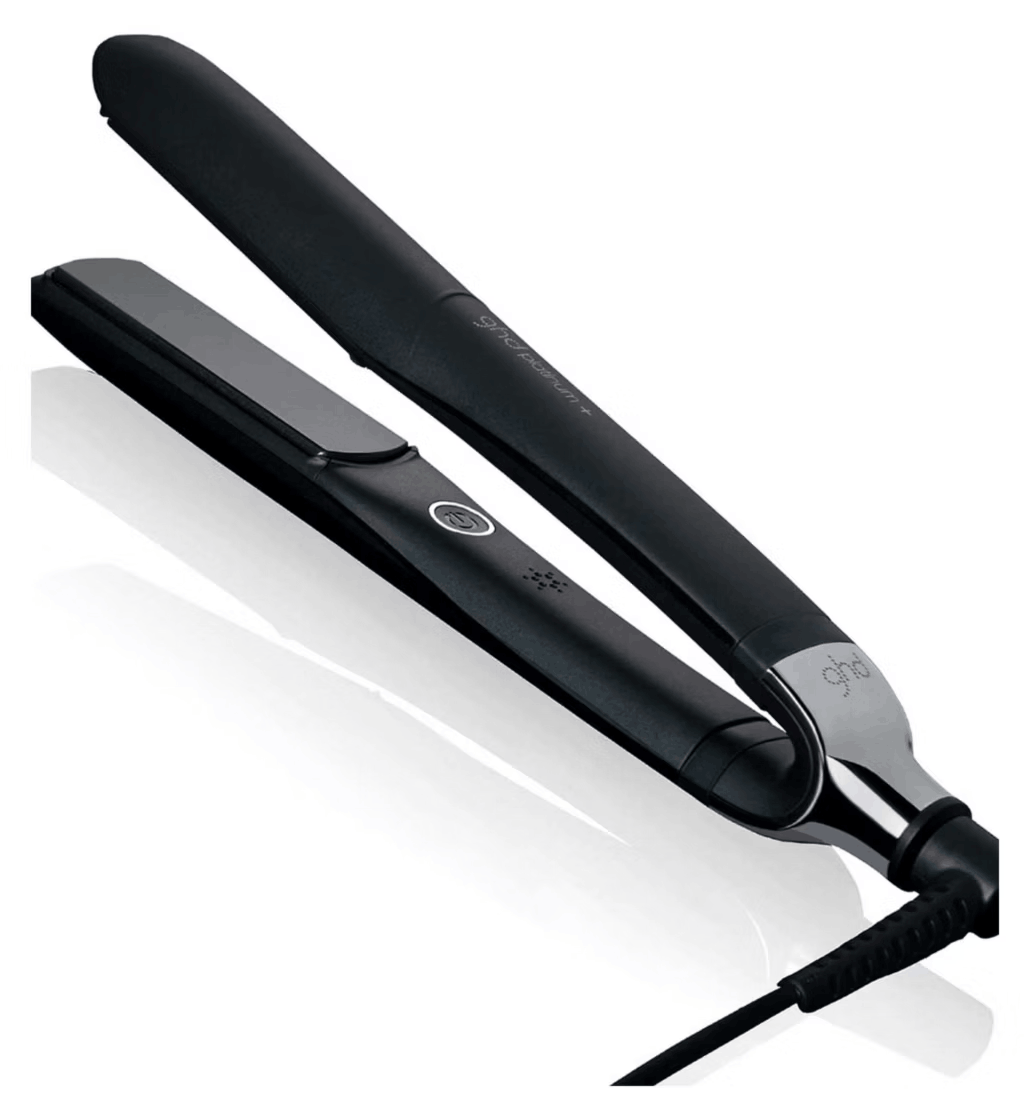 ghd Platinum+ hair straightener, sleek black design with glossy hinge, on white background