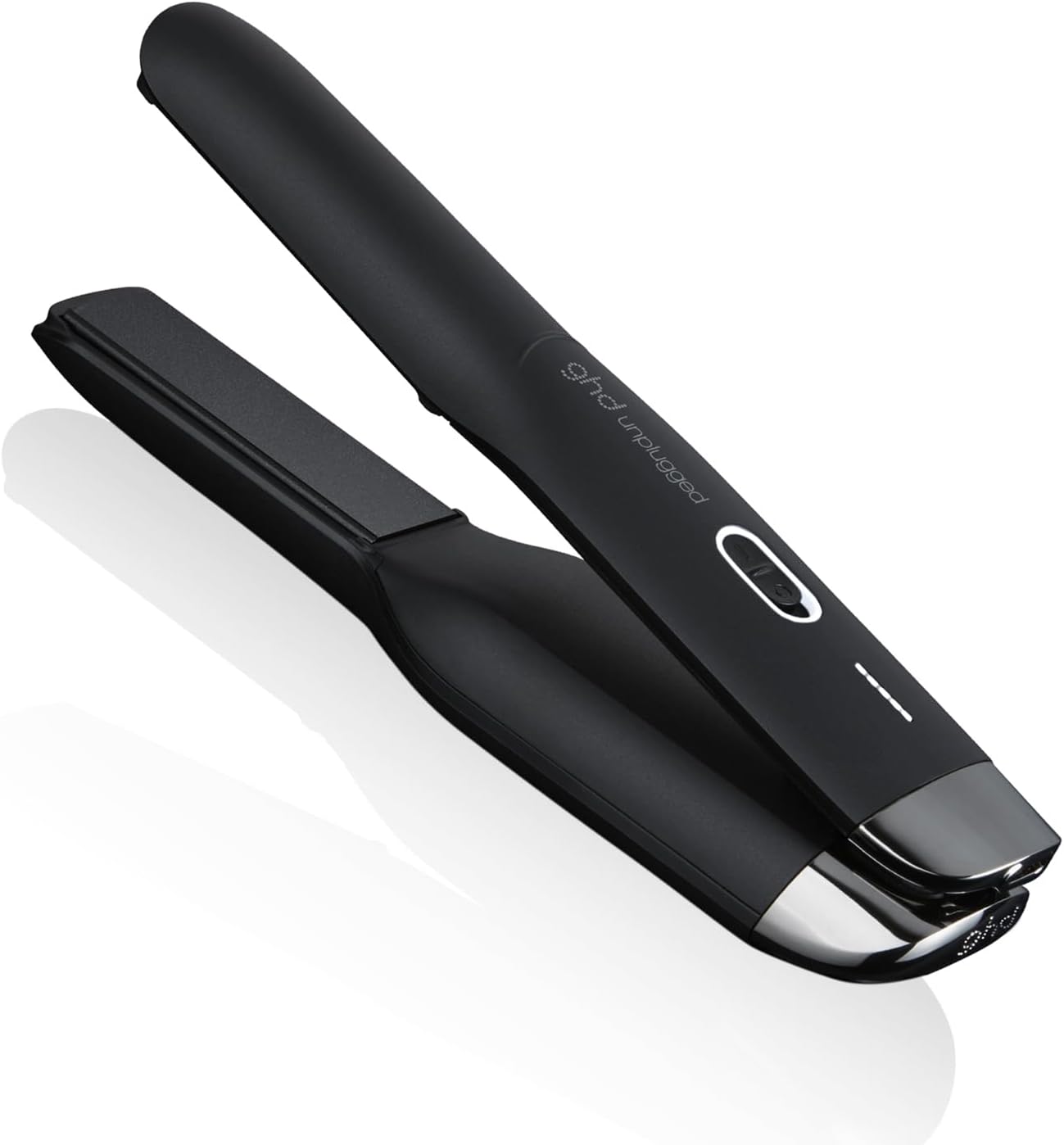 ghd Unplugged cordless hair straightener with travel pouch, black, on white background